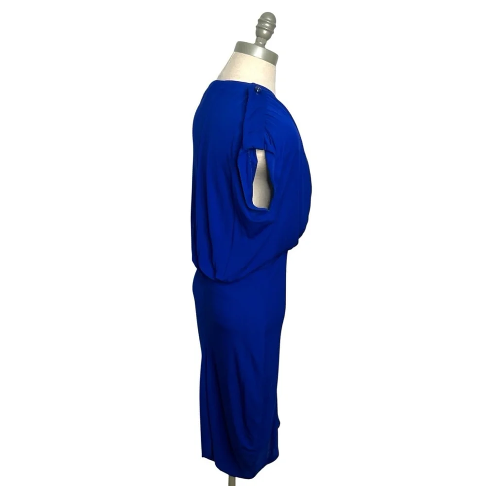 Alexander McQueen Royal Blue Plunge V-Neck Midi Shirred Cocktail Dress Medium